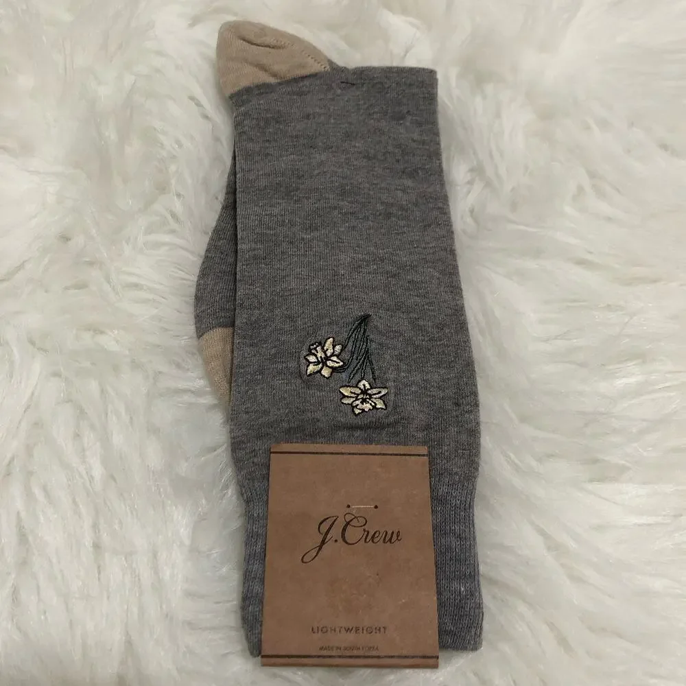 J. Crew Women's Dress Sock‎  One Size Gray Embroidered Floral Lightweight NWT